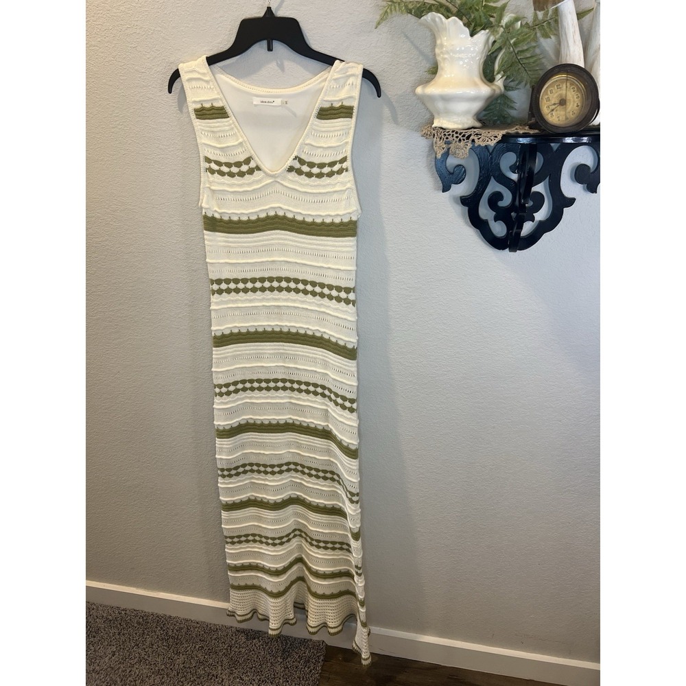 idem ditto Cream Olive Green Crochet Maxi Dress Sz L Boho Western Cottage As Is - Picture 3 of 14